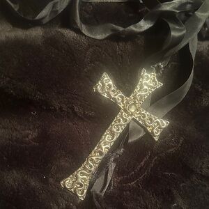 Elegant Silver Pewter Cross Pendant Necklace on black ribbon